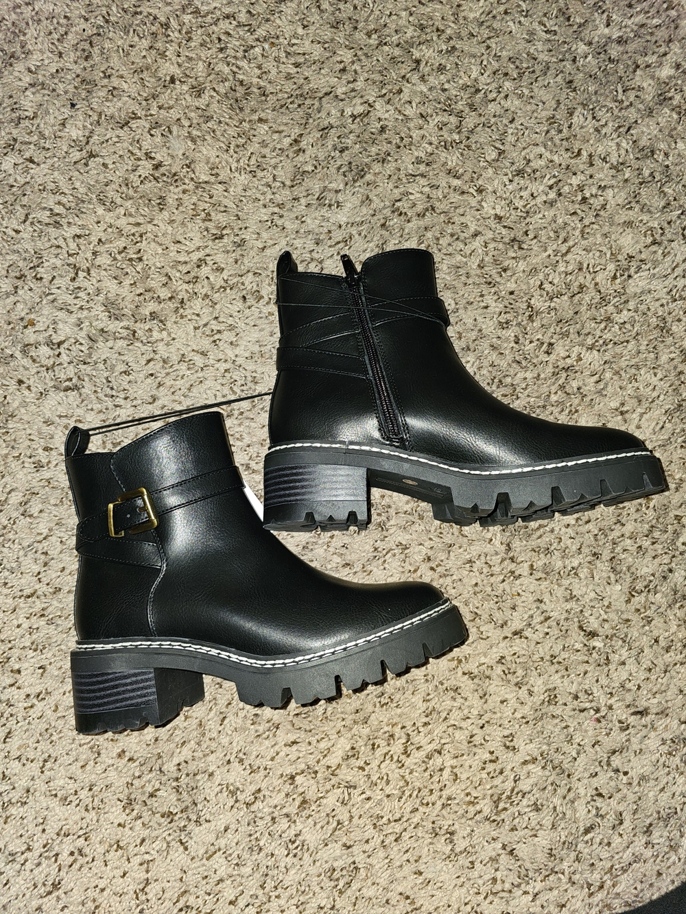 Black Chunky Lug Ankle Boots with Buckle